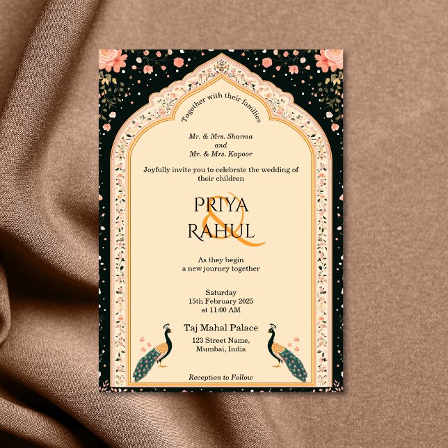 Elegant Vintage Floral Peacocks Indian Wedding Invitation (indian door arch with two peacocks wedding invitation)