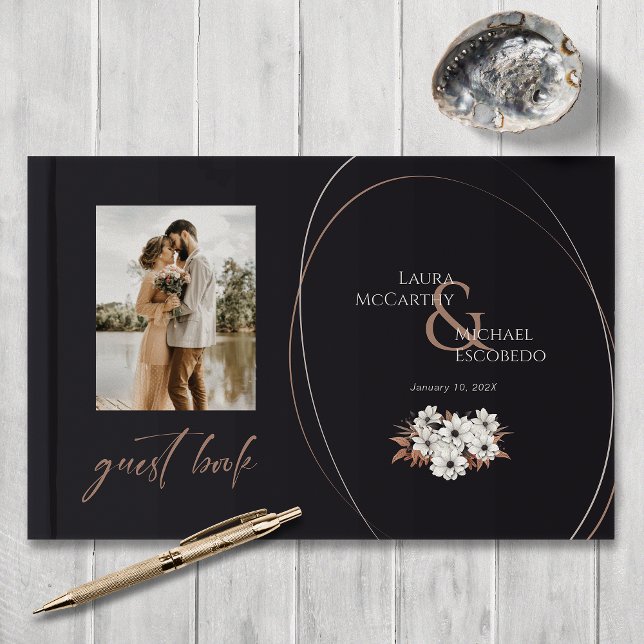 Elegant Vintage Floral Photo Black Guest Book (Creator Uploaded)