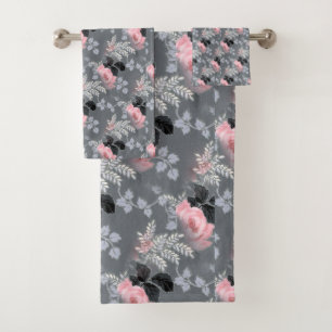 Elegant Vintage Floral Pink Black Grey Chic Lovely Bath Towel Set