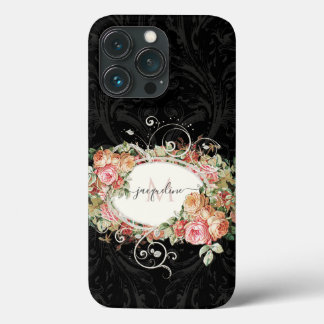 Elegant Vintage Floral Pink Black Script Monogram iPhone 13 Pro Case