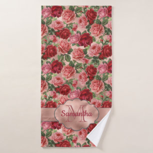 Elegant Vintage Floral Pink Rose Gold Monogrammed Bath Towel