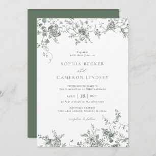 Elegant Vintage Floral Sage Green Wedding Invitation