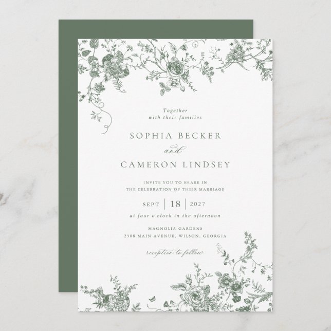 Elegant Vintage Floral Sage Green Wedding Invitation (Front/Back)