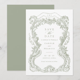 Elegant Vintage Floral Sage Toile Save the Date Invitation