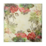 Elegant Vintage Floral Tile<br><div class="desc">Vibrant bouquets of mixed flowers,  including pansies and daisies,  and heirloom roses in shades of deep pink are displayed on a lightly textured cream background with semi-transparent damask swirl overlay.</div>