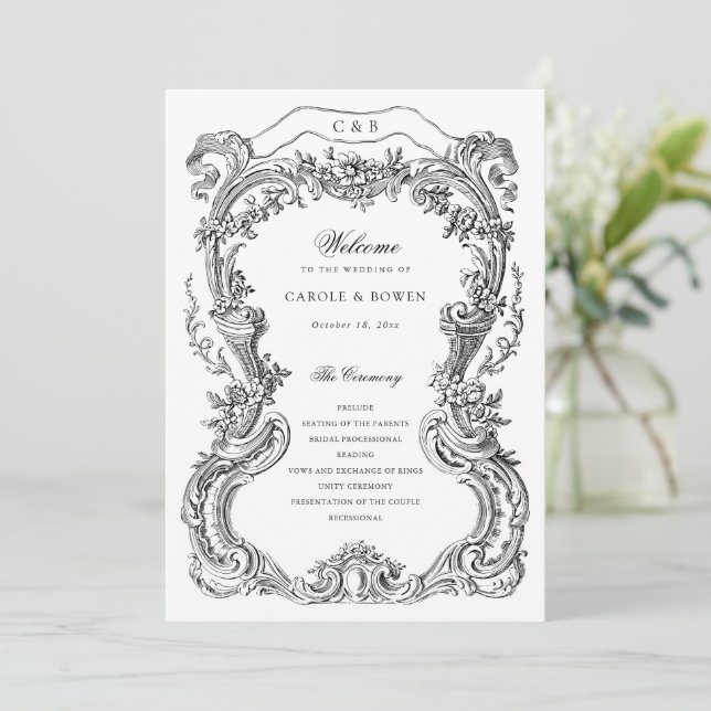 Elegant Vintage Floral Toile Frame Wedding Programme (Standing Front)