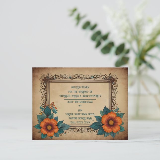 Elegant Vintage Floral Wedding Announcement Postcard (Standing Front)