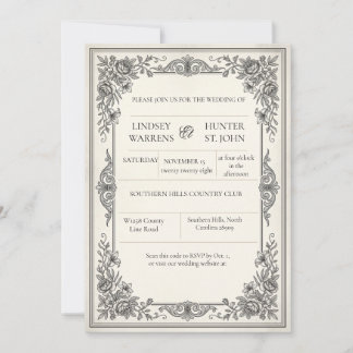 Elegant Vintage Floral Wedding Invitation