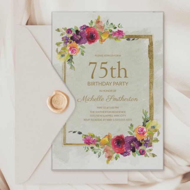 Elegant Vintage Floral Women's 75th Birthday Invitation (Elegant purple and pink vintage floral and gold frame 75th birthday party invitation)