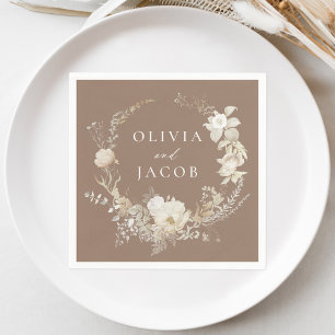 Elegant Vintage Floral Wreath Brown Wedding Napkin