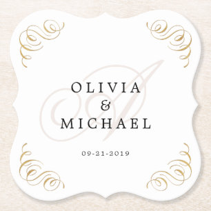 Elegant vintage flourish calligraphy monogram paper coaster