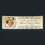 Elegant Vintage Flourish Happy Birthday Photo Banner<br><div class="desc">Decorative swirls and flourishes frame this elegant vintage inspired 100th (number can be customised) birthday banner with photo. Black flourished design and text styled on an ivory background with aged parchment paper appearance.</div>