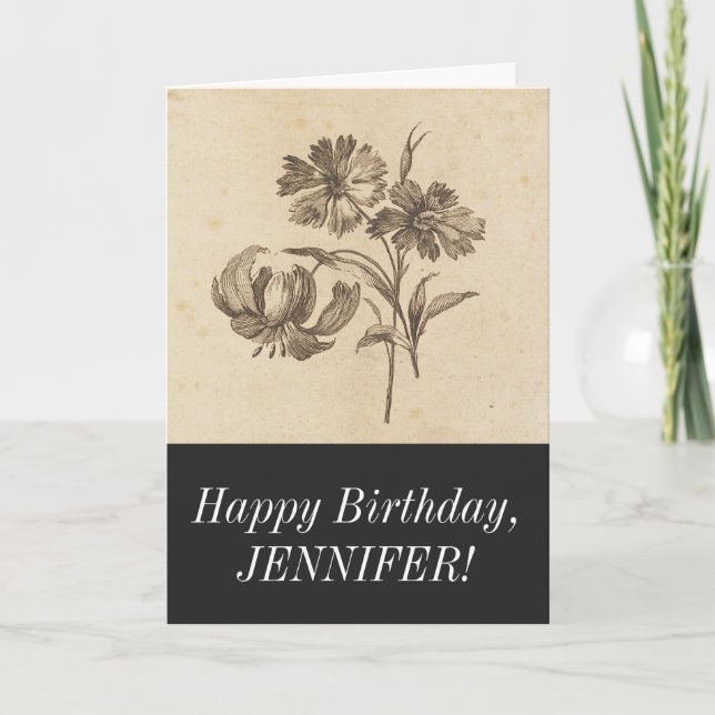 Elegant Vintage Flower Illustration Happy Birthday Card (Front)