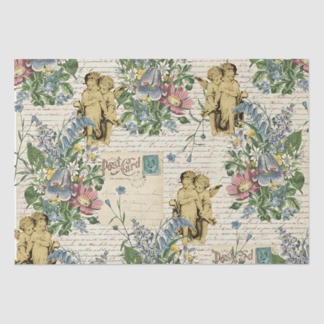 Elegant Vintage Flowers Cherubs Old Script  Tissue Paper (Front)