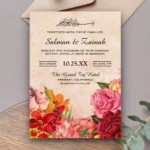 Elegant Vintage Flowers Islamic Muslim Wedding Invitation