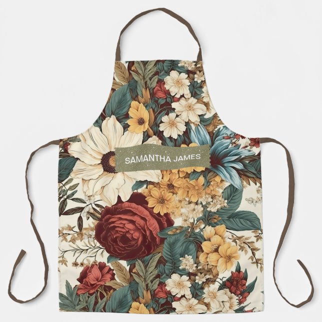 Elegant Vintage Flowers Ivory & Kraft Personalised Apron (Front)