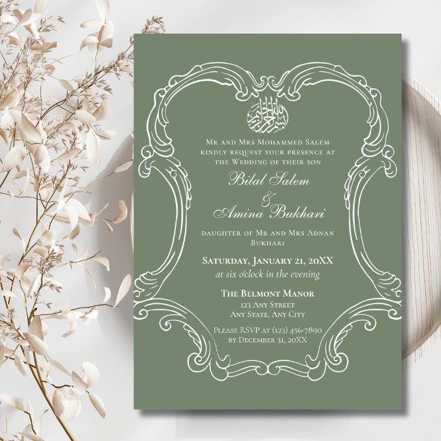 Elegant Vintage Frame Sage Green Islamic Wedding Invitation (Creator Uploaded)