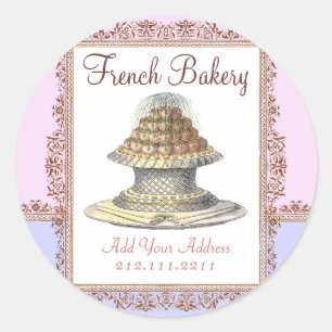 Elegant Vintage French Bakery - Pink, Purple Classic Round Sticker