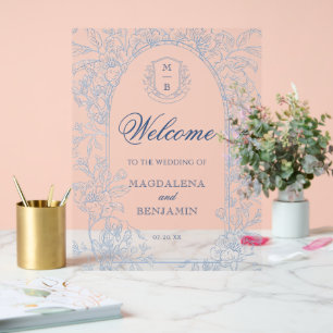 Elegant Vintage French Blue Floral Toile Welcome Acrylic Sign