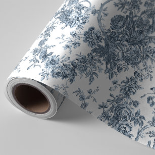 Elegant Vintage French Engraved Floral Toile-Blue Wrapping Paper