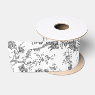 Elegant Vintage French Engraved Floral Toile-Grey Satin Ribbon