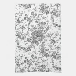 Elegant Vintage French Engraved Floral Toile-Grey Tea Towel