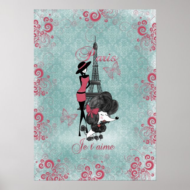 Elegant vintage French poodle girls silhouette Poster (Front)