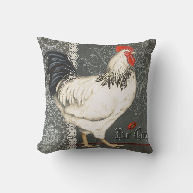 Elegant vintage French Rooster black grey & white Cushion (Front)