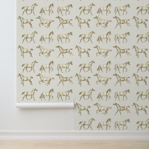 Elegant Vintage Galloping Horses Beige Toile Wallpaper