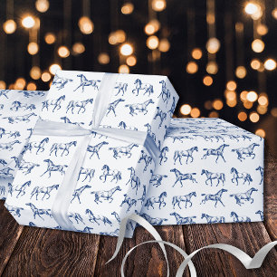 Elegant Vintage Galloping Horses Blue White Toile Wrapping Paper