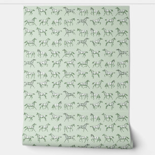 Elegant Vintage Galloping Horses Sage Toile  Wallpaper