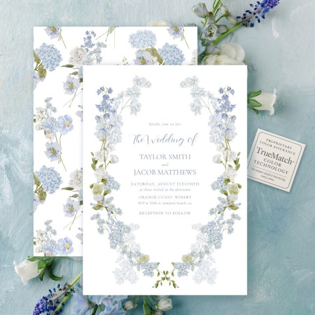Elegant Vintage Garden Blue & White Script Wedding Invitation (Creator Uploaded)