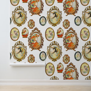 Elegant Vintage Girl Portrait Flowers in Frame Wallpaper