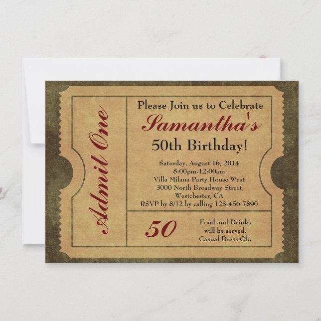 Elegant Vintage Gold Admit One Ticket Invitations (Front)