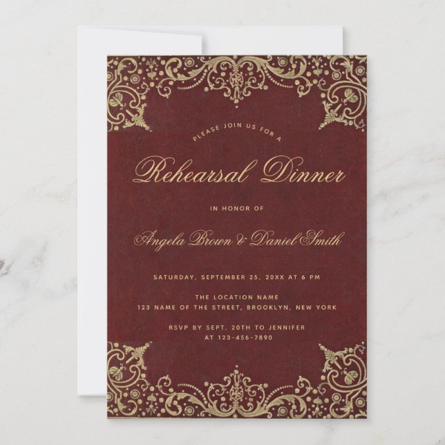 Elegant Vintage Gold Burgundy Red Rehearsal Dinner Invitation (Front)