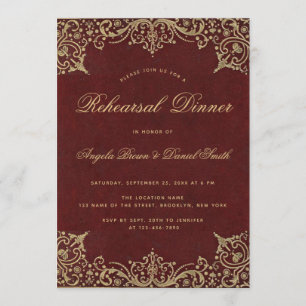 Elegant Vintage Gold Burgundy Red Rehearsal Dinner Invitation
