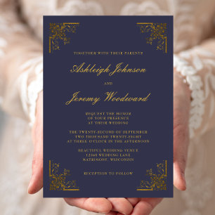 Elegant Vintage Gold Corners Navy Blue Wedding Invitation