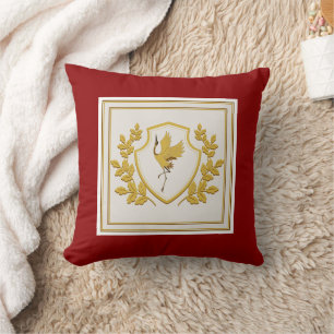 Elegant Vintage Gold Crane Shield and Oak Laurel Cushion
