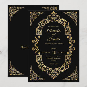 Elegant Vintage Gold Filigree Black Wedding Invitation