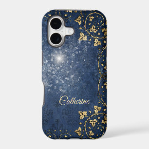 Elegant Vintage Gold Leaf Swirl on Blue