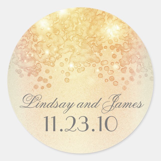 Elegant Vintage Gold Lights Wedding Classic Round Sticker (Front)