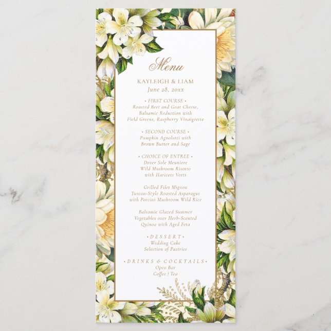 Elegant Vintage Gold Script Greenery Wedding Menu (Front)