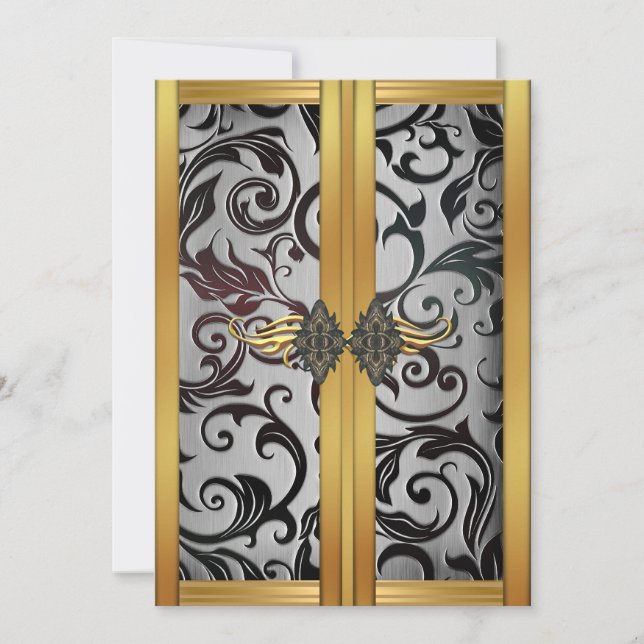 Elegant Vintage Gold Silver Cupboard Brocade Party Invitation (Front)