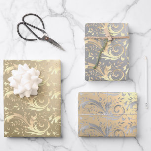 Elegant vintage gold silver damask pattern wrapping paper sheet
