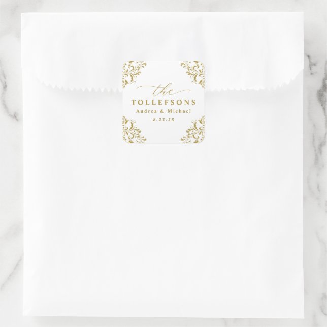 Elegant Vintage Gold Wedding Classic Square Sticke Sticker (Bag)