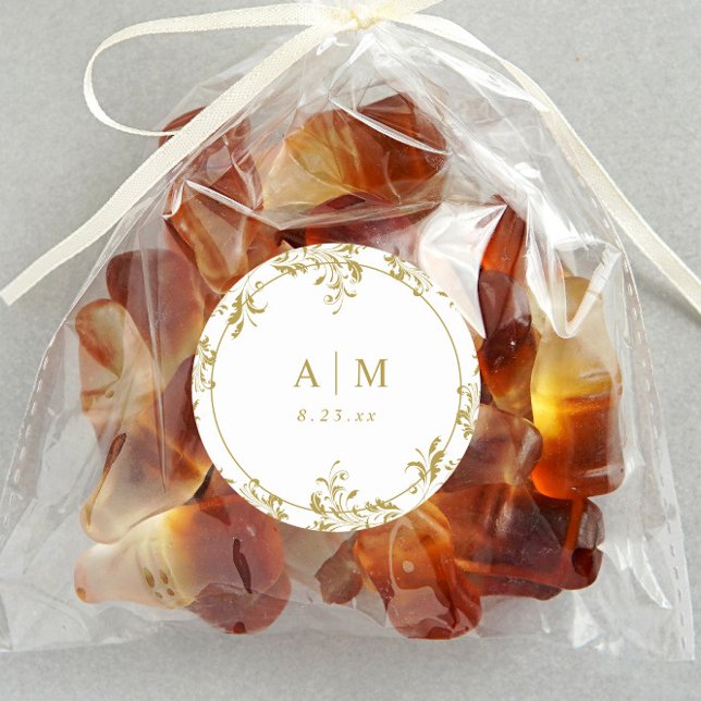 Elegant Vintage Gold Wedding Favour Labels (Elegant Vintage Gold Wedding Favor Labels Personalized with the Couple's Initials and Wedding Date)