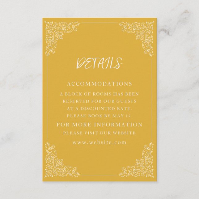 Elegant Vintage Gold White Wedding Details Enclosure Card (Front)