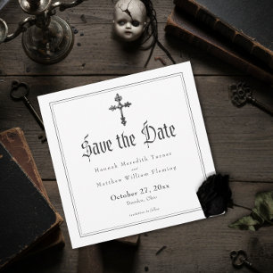 Elegant Vintage Gothic Black Toile Cross Wedding Save The Date