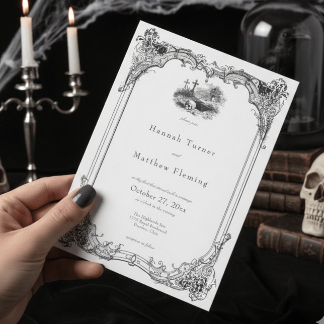 Elegant Vintage Gothic Black Toile Skull Wedding Invitation (Creator Uploaded)