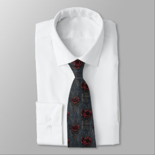 Elegant Vintage Gothic Pattern with Red Roses  Tie